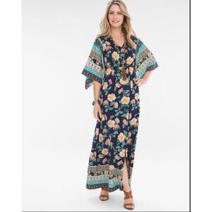 Chico's Floral Kimono Maxi Dress Size 4 Petite Flowy Sleeves Lightweight V Neck